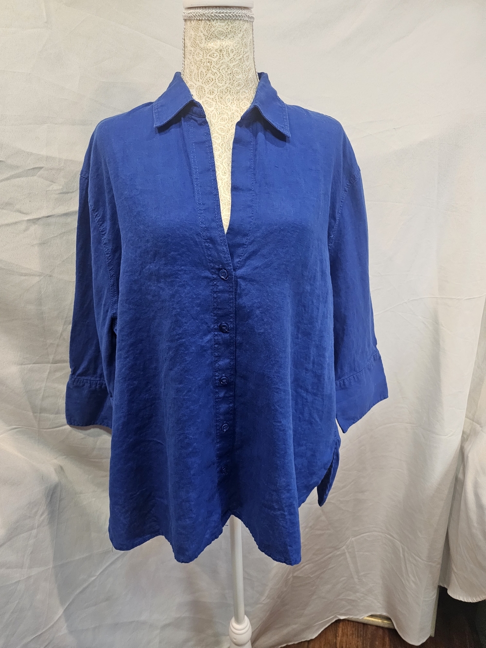 Zara Royal Blue Relaxed High/low Button-Down Shirt W/3/4 Sleeves..  Sz L